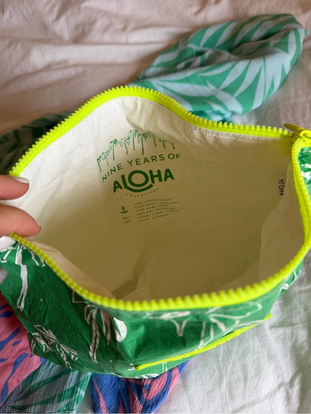 ALOHA Collection Green Palm-Print Cosmetic Pouch with Neon Yellow Patch